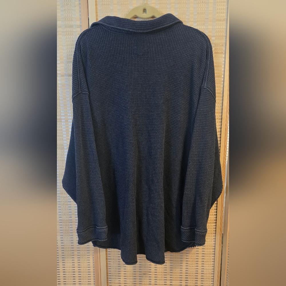 Aerie Oversized Waffle Knit Button Down Shirt Cozy Lounge Top Blue XL - Picture 3 of 4